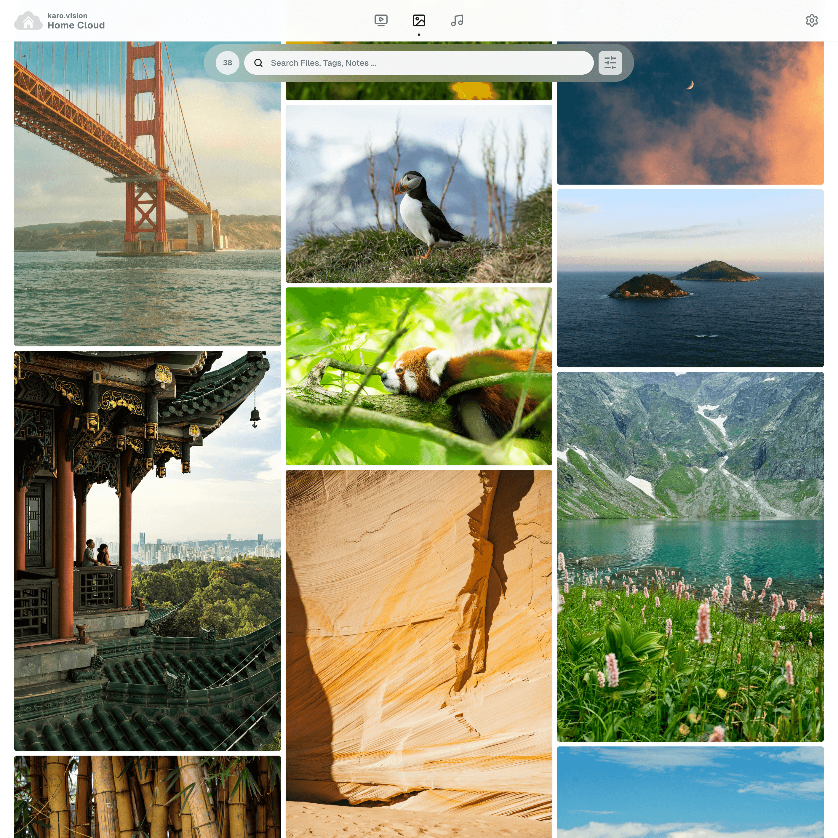 Photos gallery interface showing grid of media files